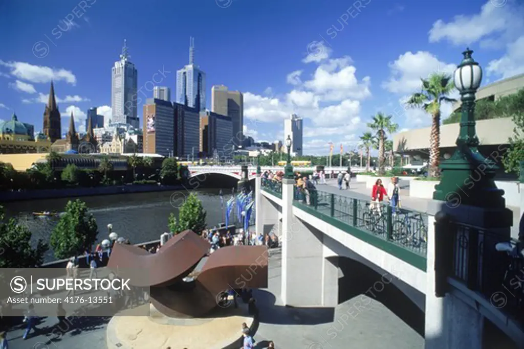 Downtown skyline and Yarra River from Southgate Complex in Melbourne. Victoria, Australia