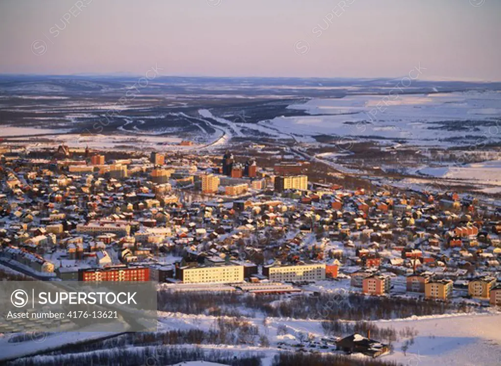 Aerial view of Kiruna in Swedish Lapland above Arctic Circle and largest city in world in area.