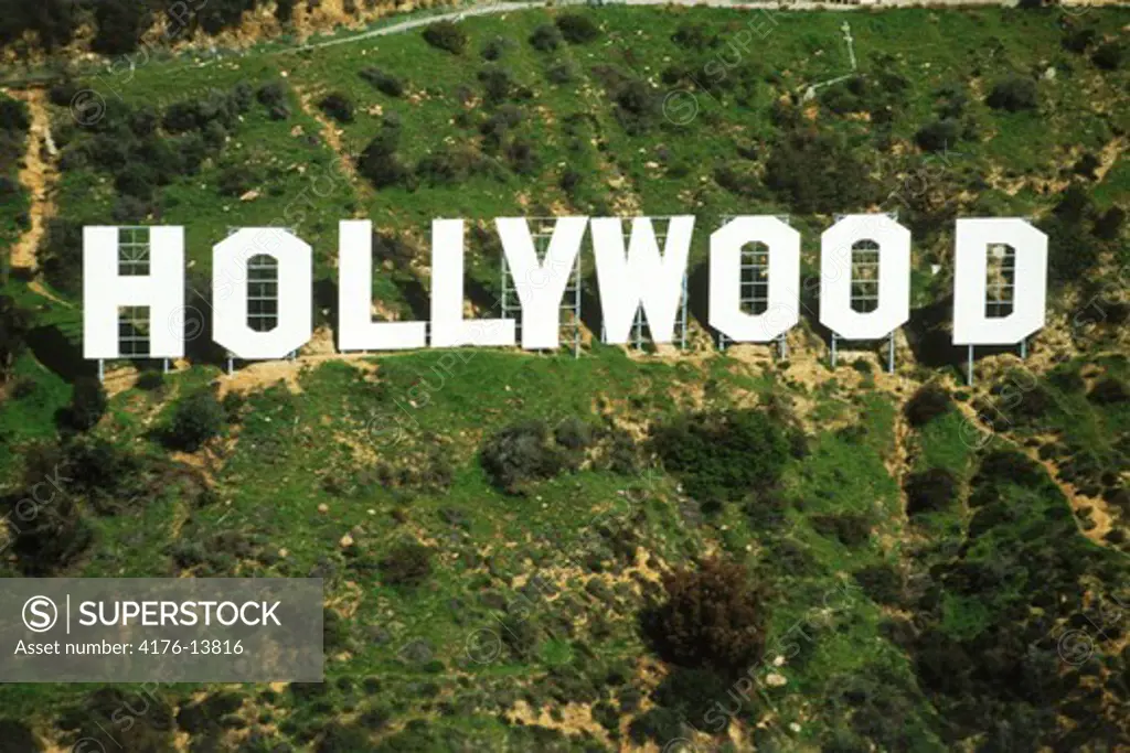 Aerial view of Hollywood sign in Hollywood Hills, California