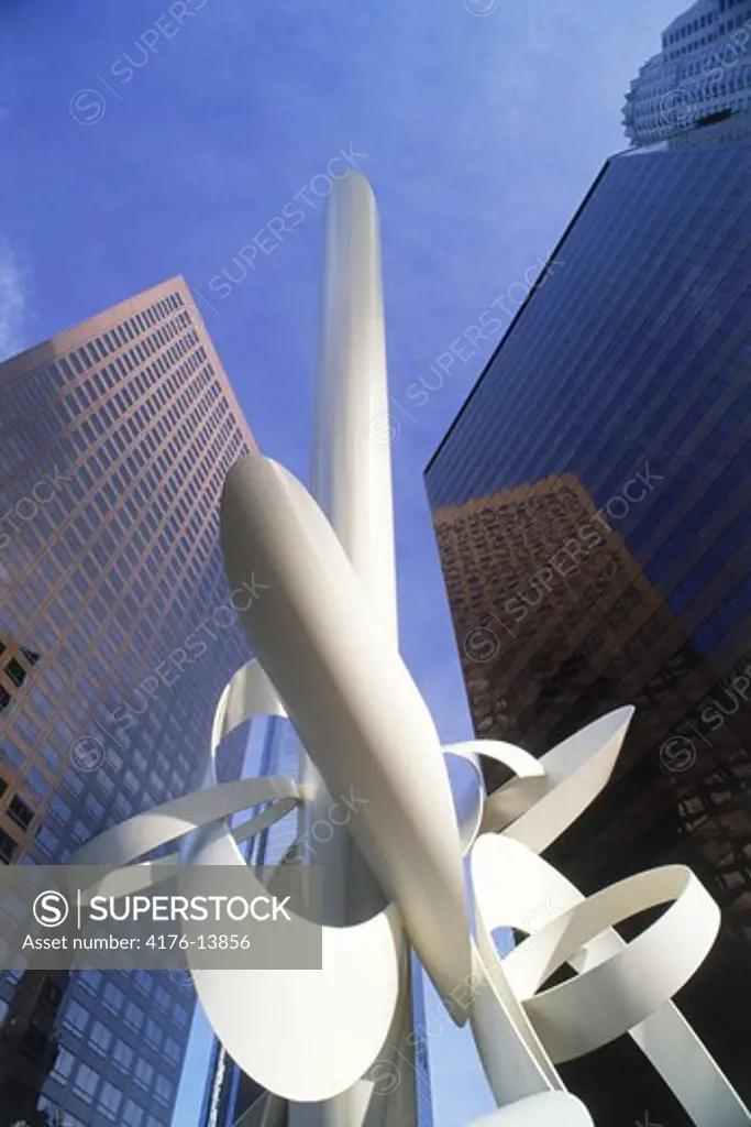 Modern scultpure amid skyscrapers in downtown Los Angeles Civic Center