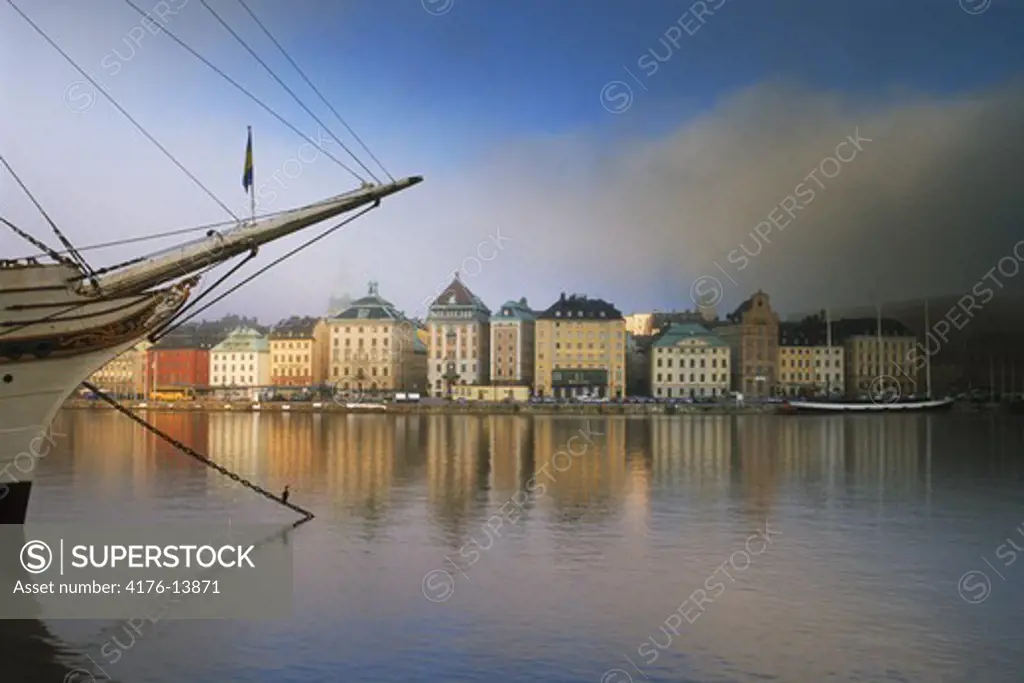 Af Chapman schooner at Skeppsholmen across from The Old Town in Stockholm at dawn