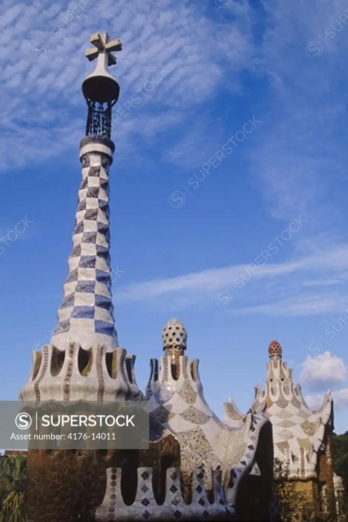 Mosaic towers by Antonio Gaudi at Park Guell in Barcelona