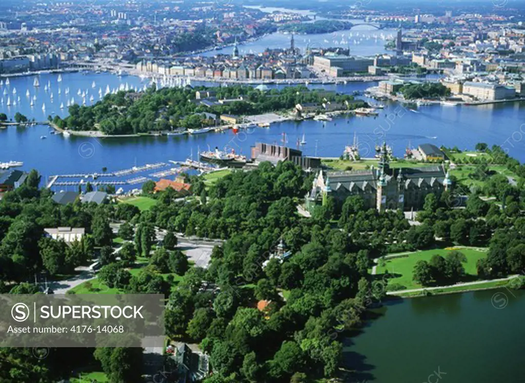 View of lush green islands of Stockholm in summer from the air