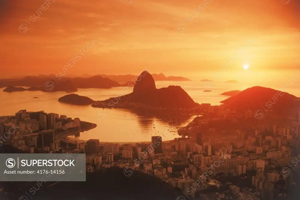 Above Pao de Acucar (Sugar Loaf) and Botofago Bay in Rio De Janeiro at sunrise