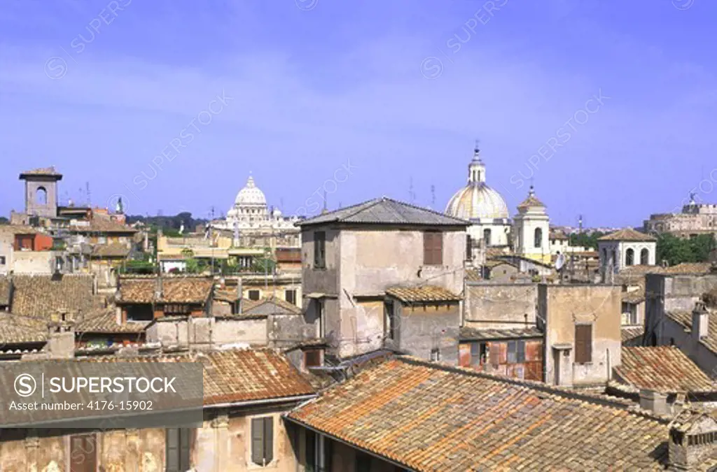 ITALY ROME DOMES OF ST PETER S BASILICA AND ST CARLO AL CORSO CHURCH WITH ST ANGELO CASTLE