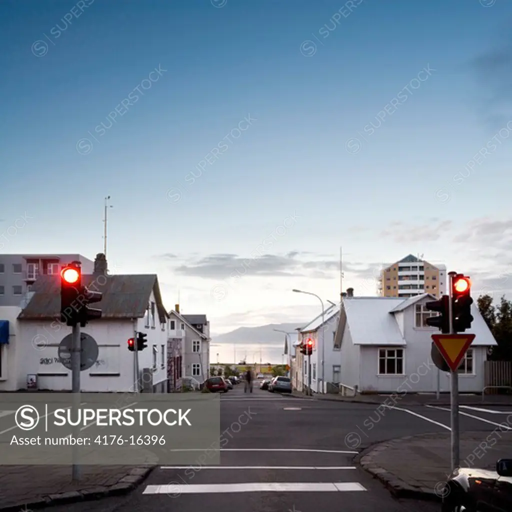 Traffic lights in Reykjavik at midnight in summertime