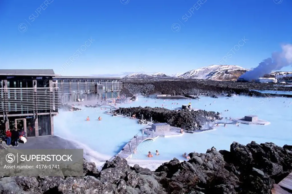 High angle view of tourists in a geothermal spa, Blue Lagoon, Reykjanes Peninsula, Iceland