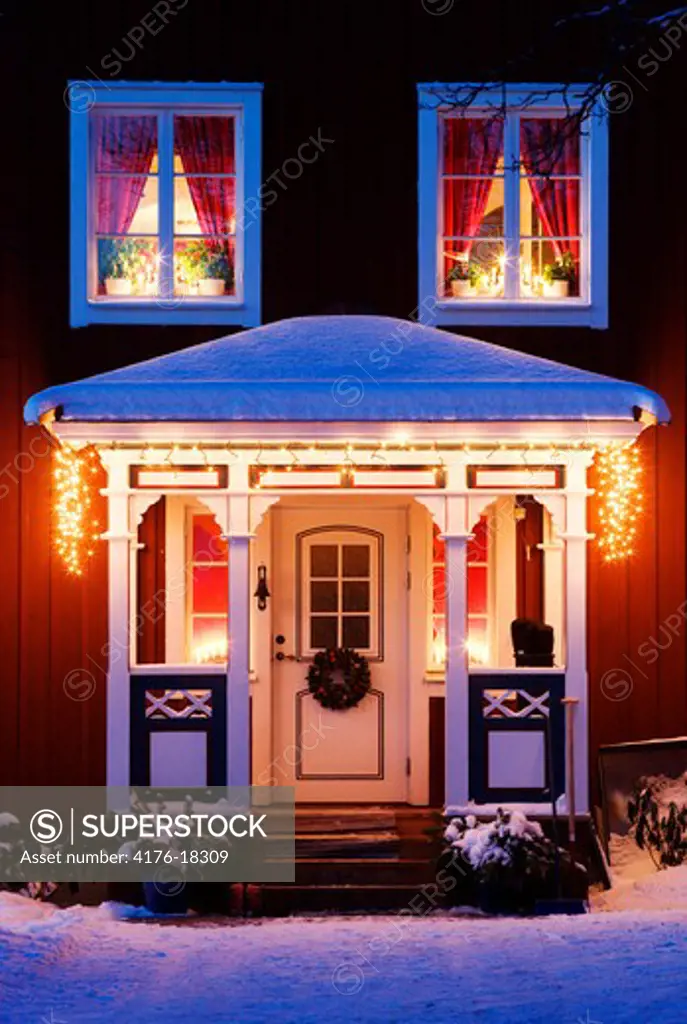 Building lit up at night, Halsingland, Norrland, Sweden