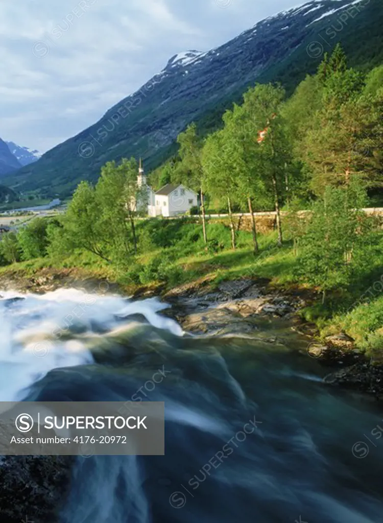 Church in village of Hellesylt on Hellesylt Falls in More-Romsdal area of Norway