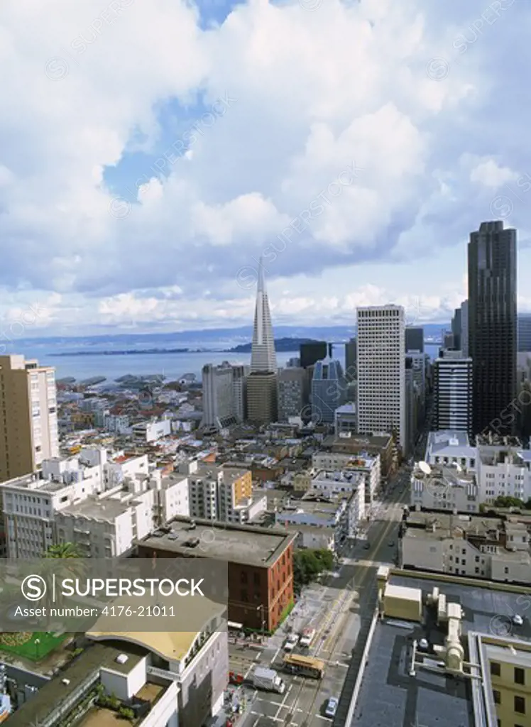 Above California Street with Fairmont Hotel left and Transamerica Pyramid from Mark Hopkins Hotel in San Francisco