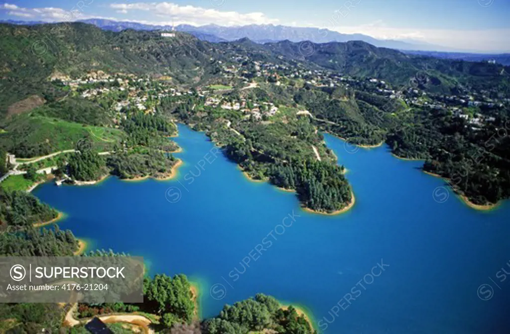 Aerial view of Hollywood sign and resevoir  in Hollywood Hills, California