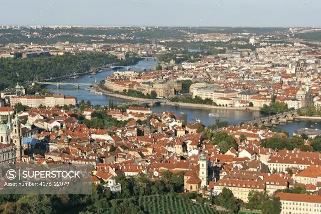 CZECH REPUBLIC PRAGUE AERIAL VIEW OF THE LESSER TOWN AND THE OLD TOWN VLTAVA RIVER CHARLES BRIDGE