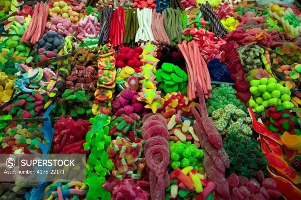 Colourful toffies and rubber gum candies in detail