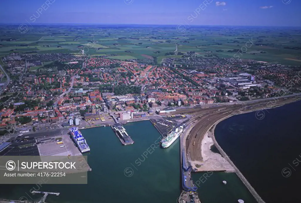 Aerial view of a cityscape with river