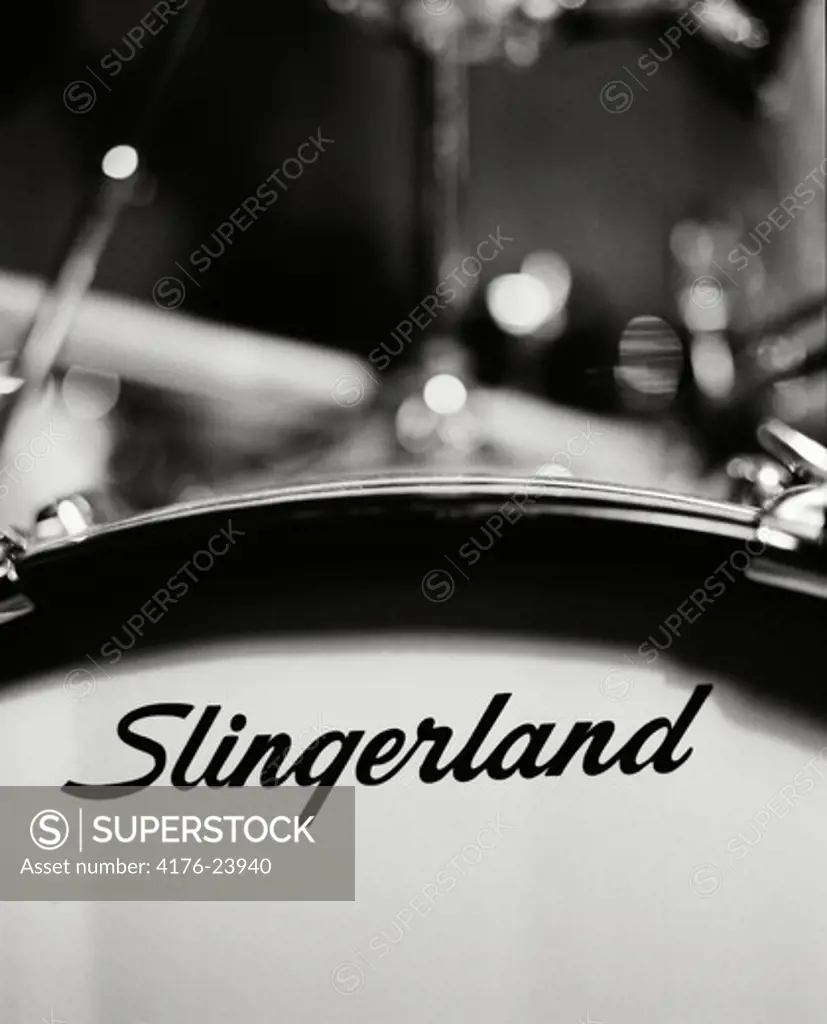 Close-up of a drum with the brand name, Slingerland