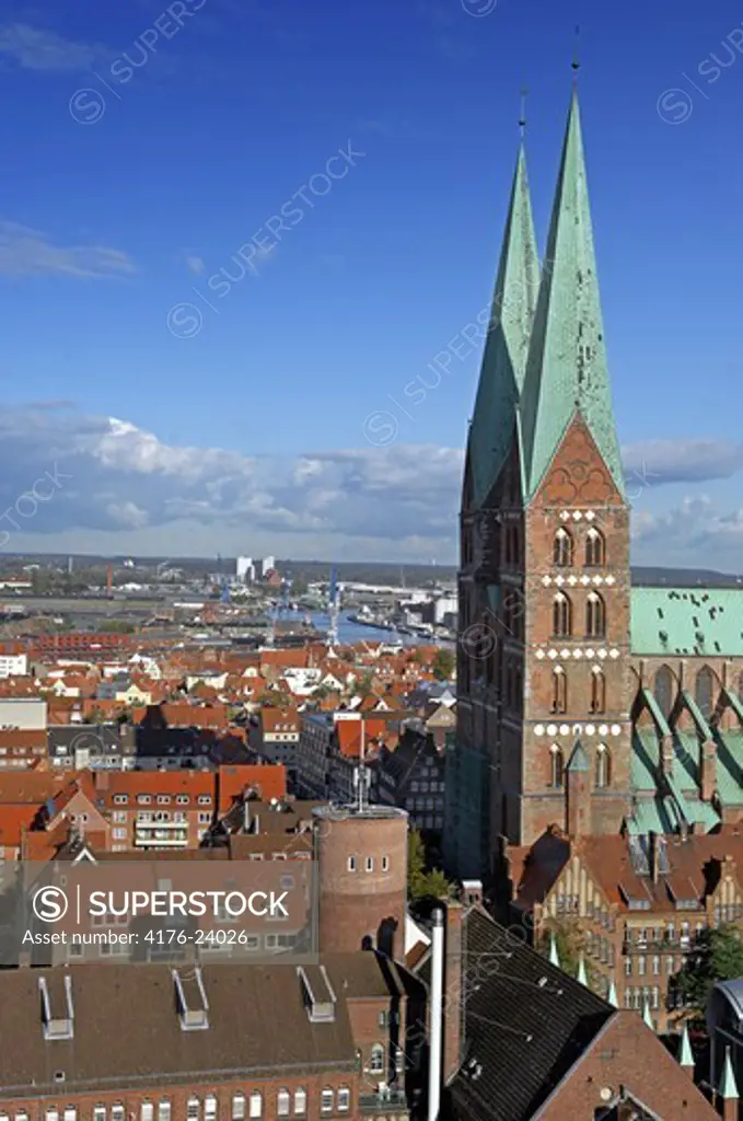 High angle view of towers of a church in a city, Tyskland, Germany