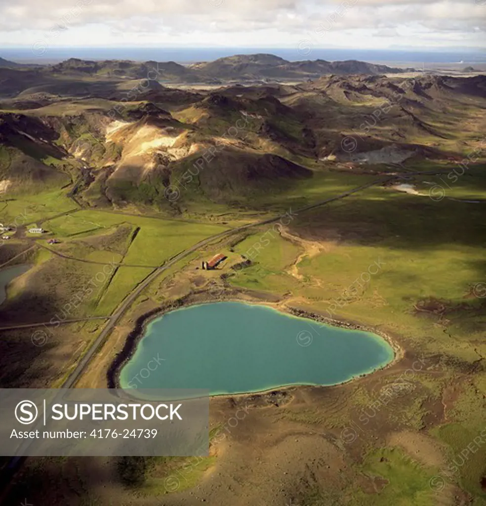Iceland - Aerial view of hills and pond