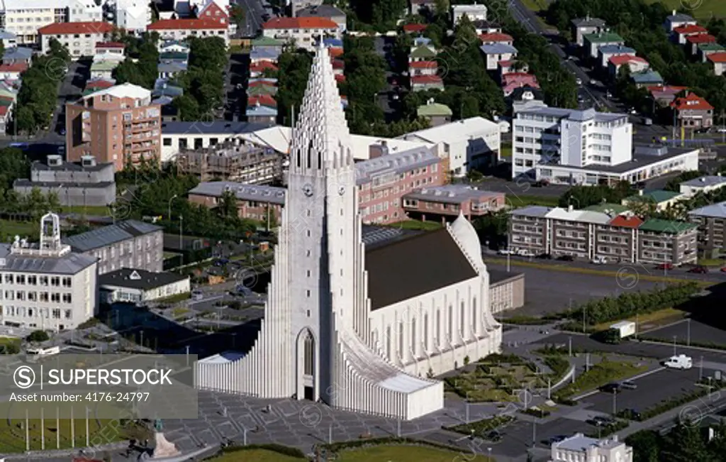 Aerial view of Hallgrimskirkja, Reykjavík, Iceland