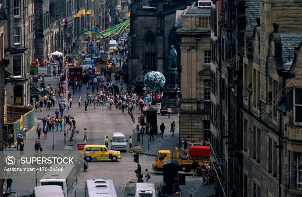 Scotland, Edinburgh - High angle view of traffic on the road in a city, Royal Mile
