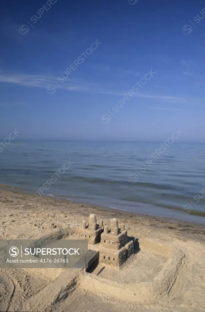 High angle view of a sand castle on the beach, Sweden.
