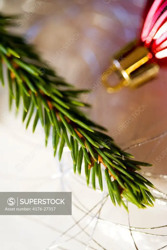 High angle view of leaves and a Christmas ornament