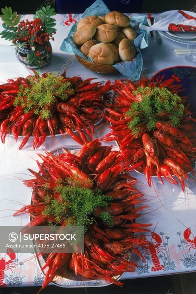 Table setting with plates of fresh crayfish and bread in Sweden