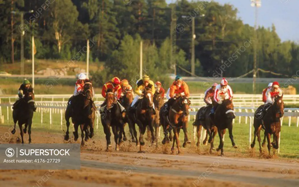 Horses running at Taby racetrack near Stockholm, Sweden