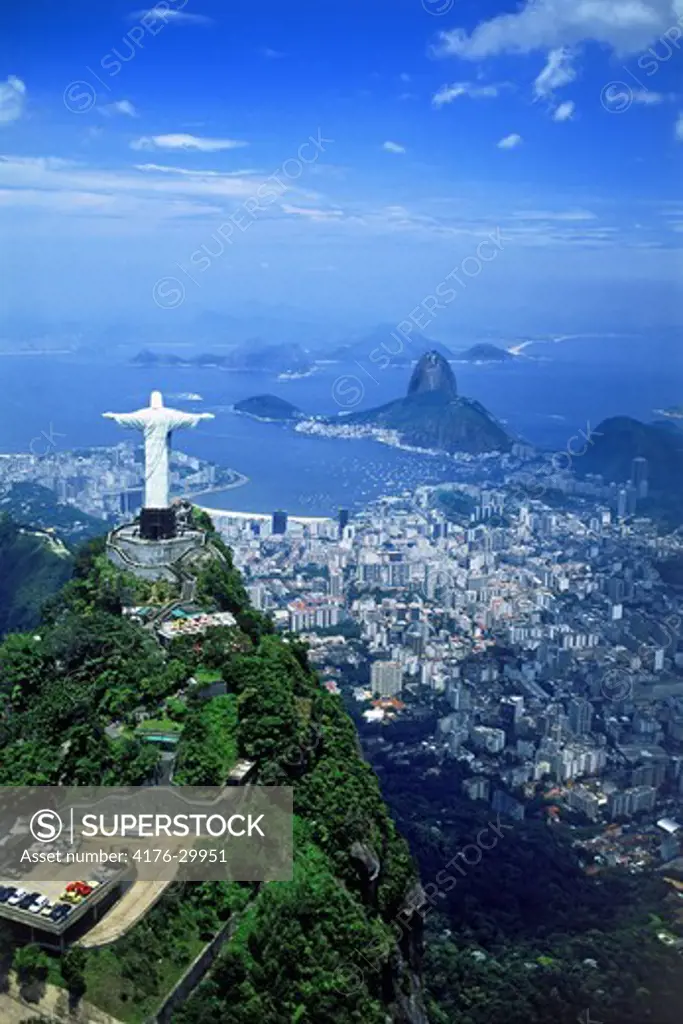 Aerial view of Mount Corcovado above Rio de Janeiro with Botafogo Bay and Pao de Acucar