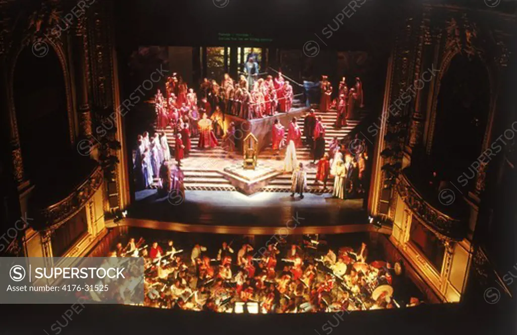 Orchestra with performing artists on stage at Stockholm Royal Opera House
