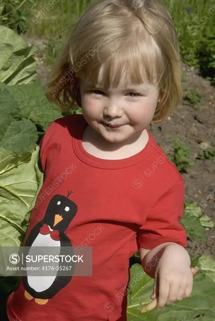Disa tasting a sour rhubarb in the allotmentgarden Stockholm 2008