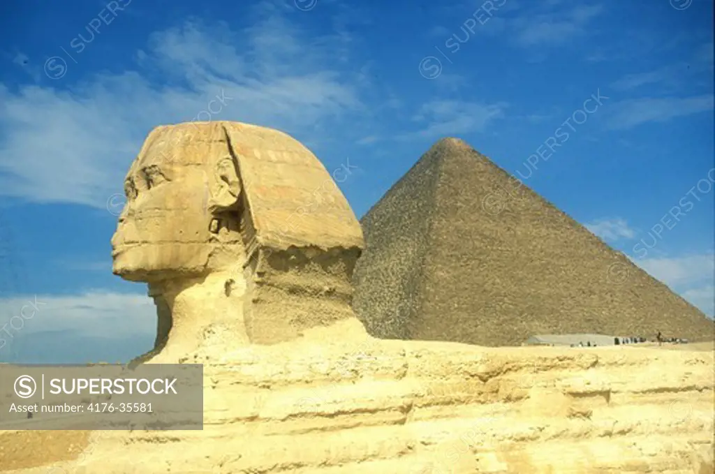 The Sfinx in front of the Cheops pyramid in Giza, Egypt.