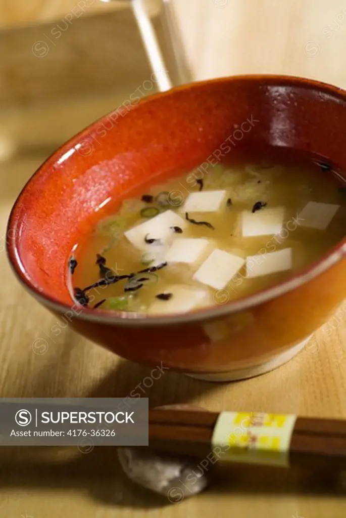 Sushi miso soup with tofu and leek