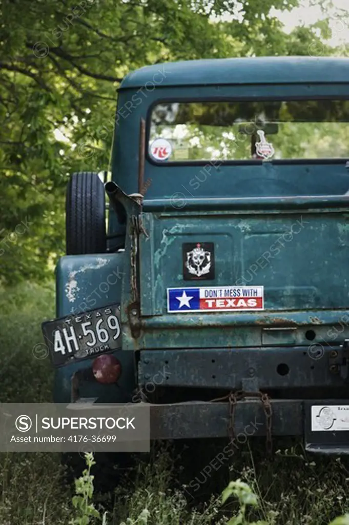 The tail gate of an old Willys Jeep in Texas. USA