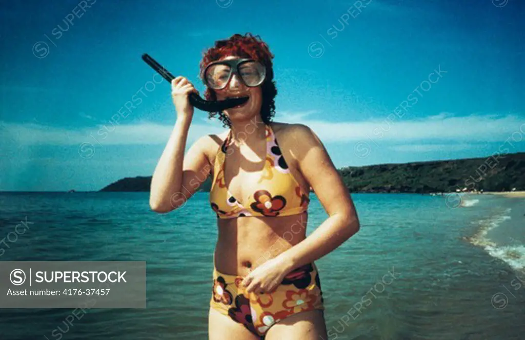 Woman in bikini with snorkel, Sweden
