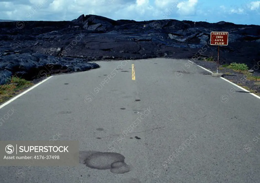 Road blocked by lava flow, Hawaii