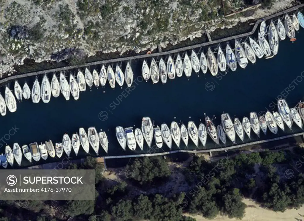 Yachts moored in estuary, Casis, Provence, France