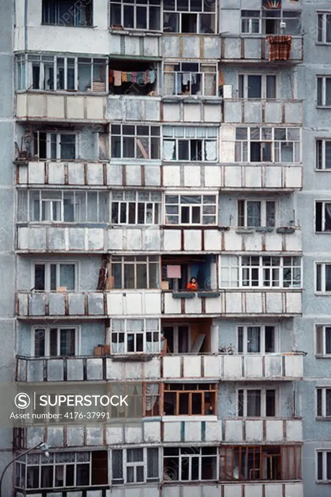 Close-up of a grey apartment building, Russia