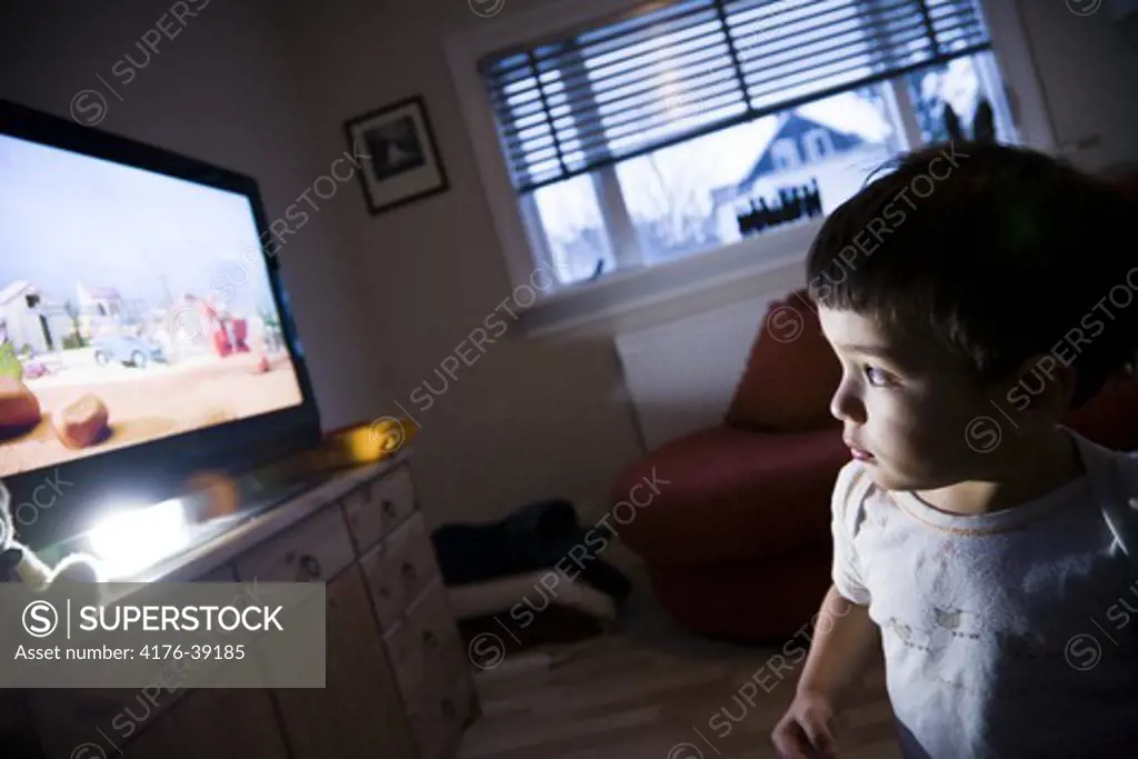 Young boy watching Bob the Builder on television at home.  Iceland.