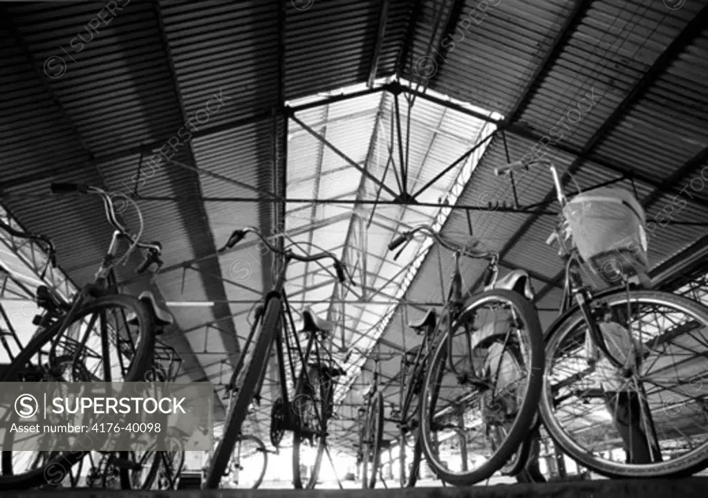 Bicycles parked in a shelter