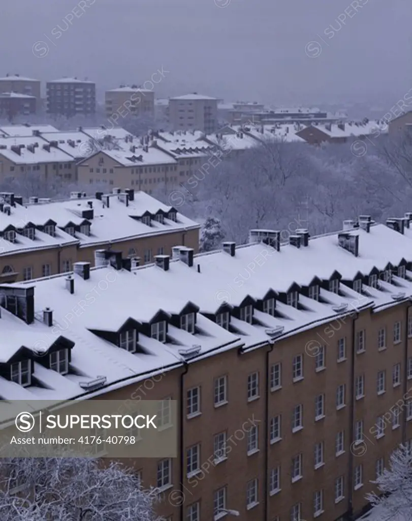 Snowy roofs of buildings, Stockholm