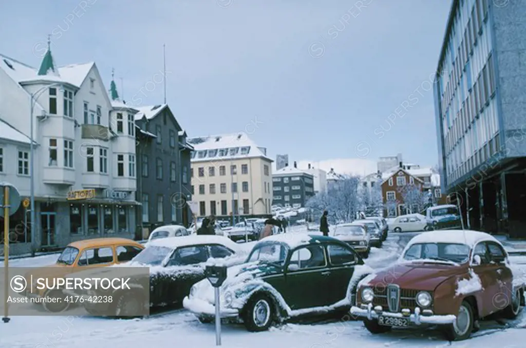 Old cars in snowy Reykjavik
