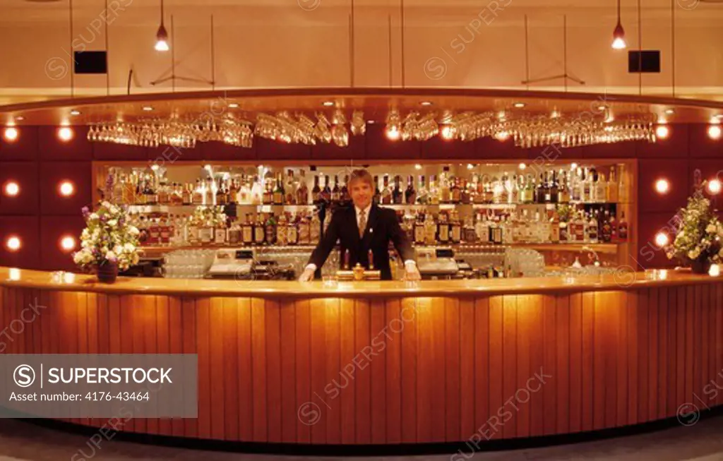A bartender posing behind the bar