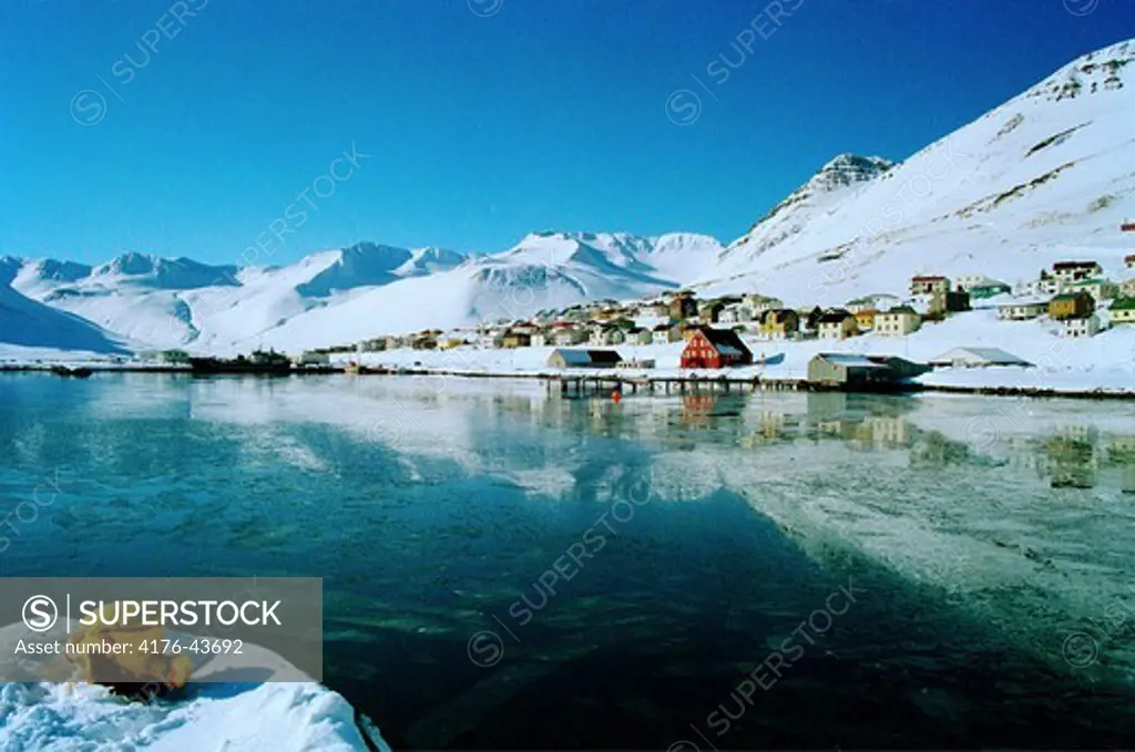 Houses by the sea in Siglufjordur in wintertime, Iceland