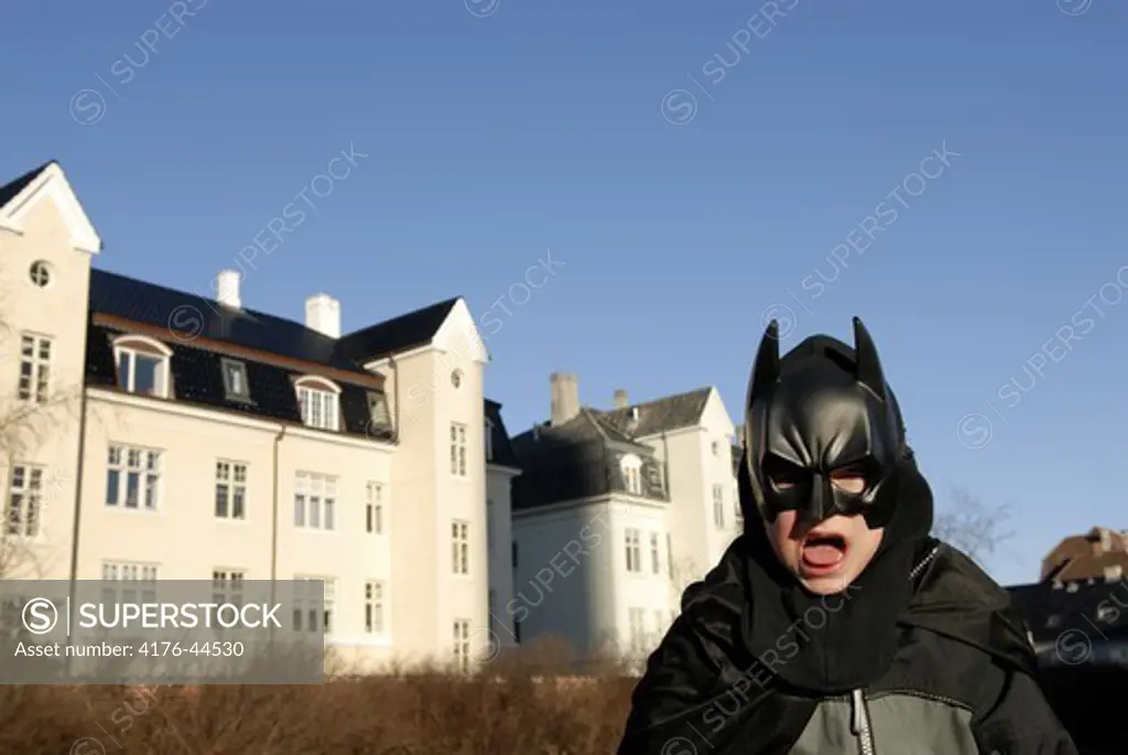 Boy wearing a Batman costume, Copenhagen, Denmark.