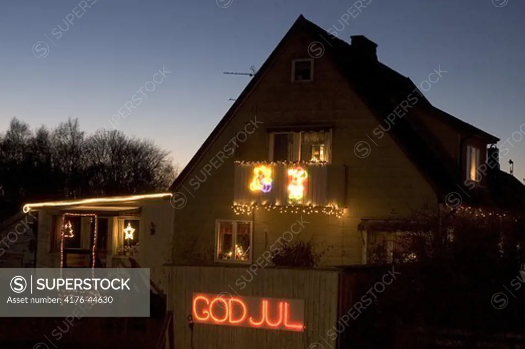 Christmas decoration on a house in Grevie, Skane, Sweden