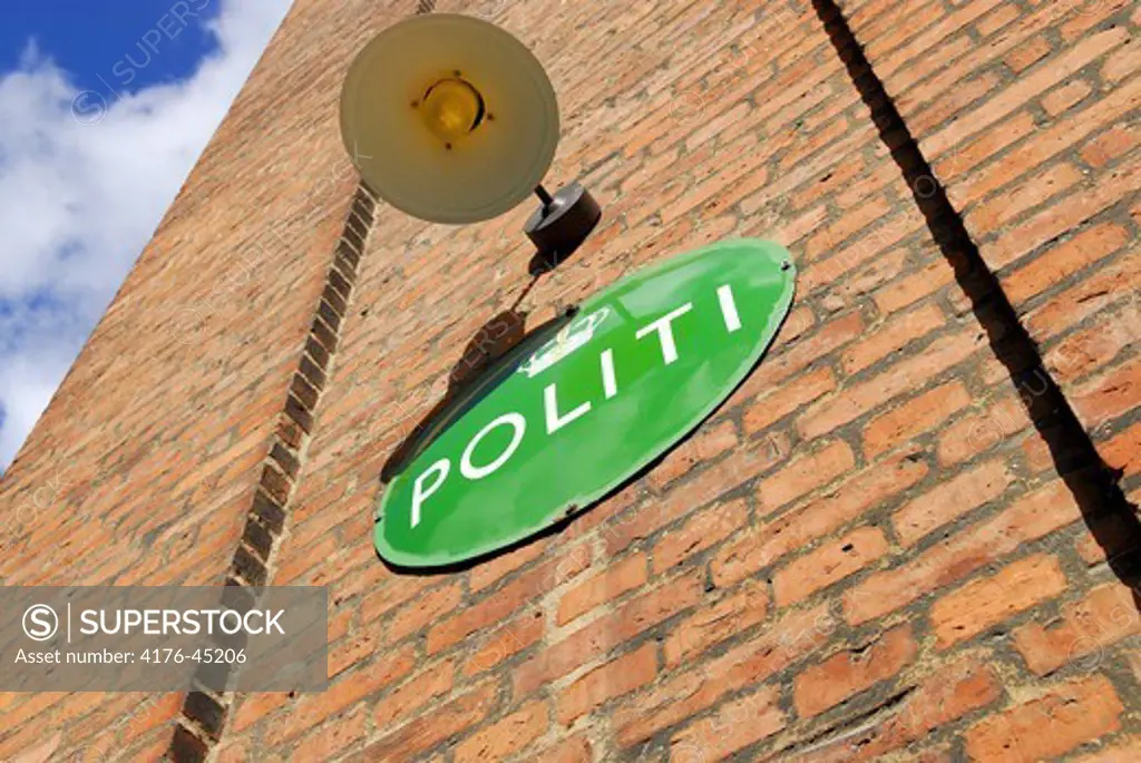 POLITI (Police) sign outside police station, Frederiksberg, Copenhagen, Denmark.