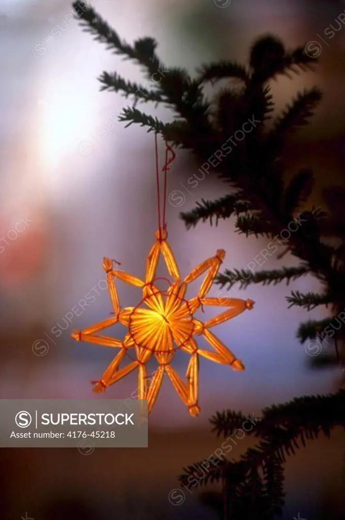 Closeup of a star hanging on christmas tree