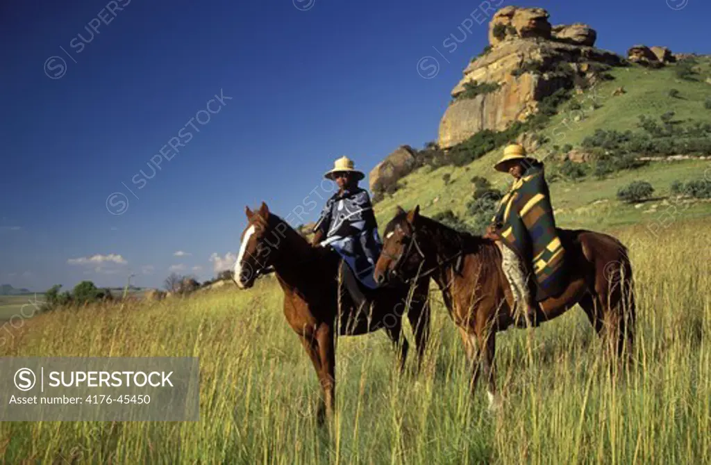 Basotho men on horseback. Near Golden Gate. Free State. South Africa