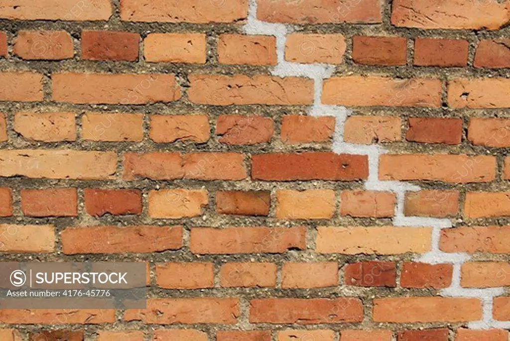 Close-up of repaired brick wall, Copenhagen, Denmark.