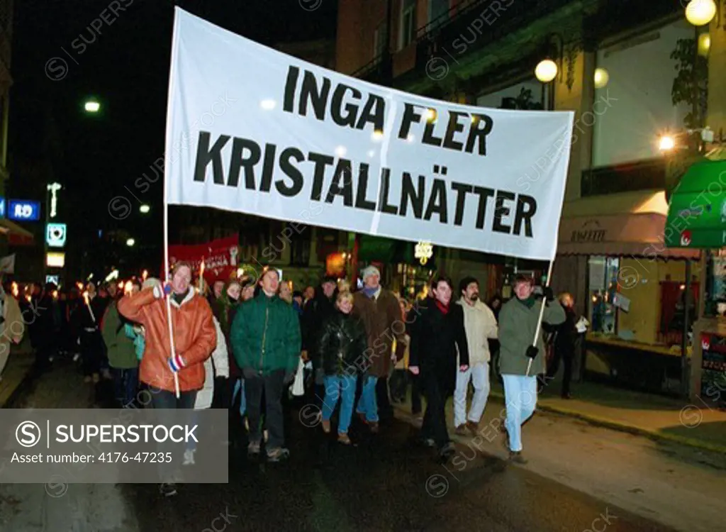Demonstration against racism. ""No more cristalnights"" Stockholm.